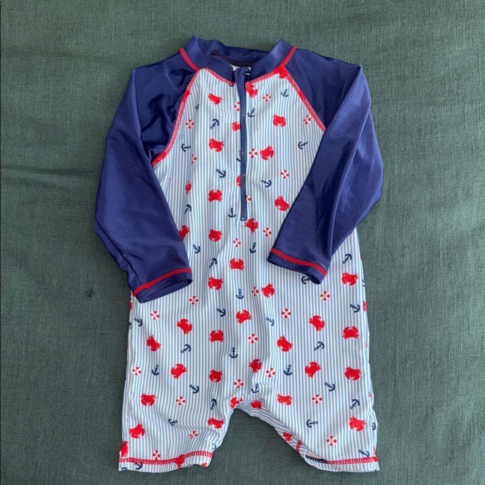 Quad Seven Baby Nautical Crab One-Piece Rashguard Romper - Navy & Red